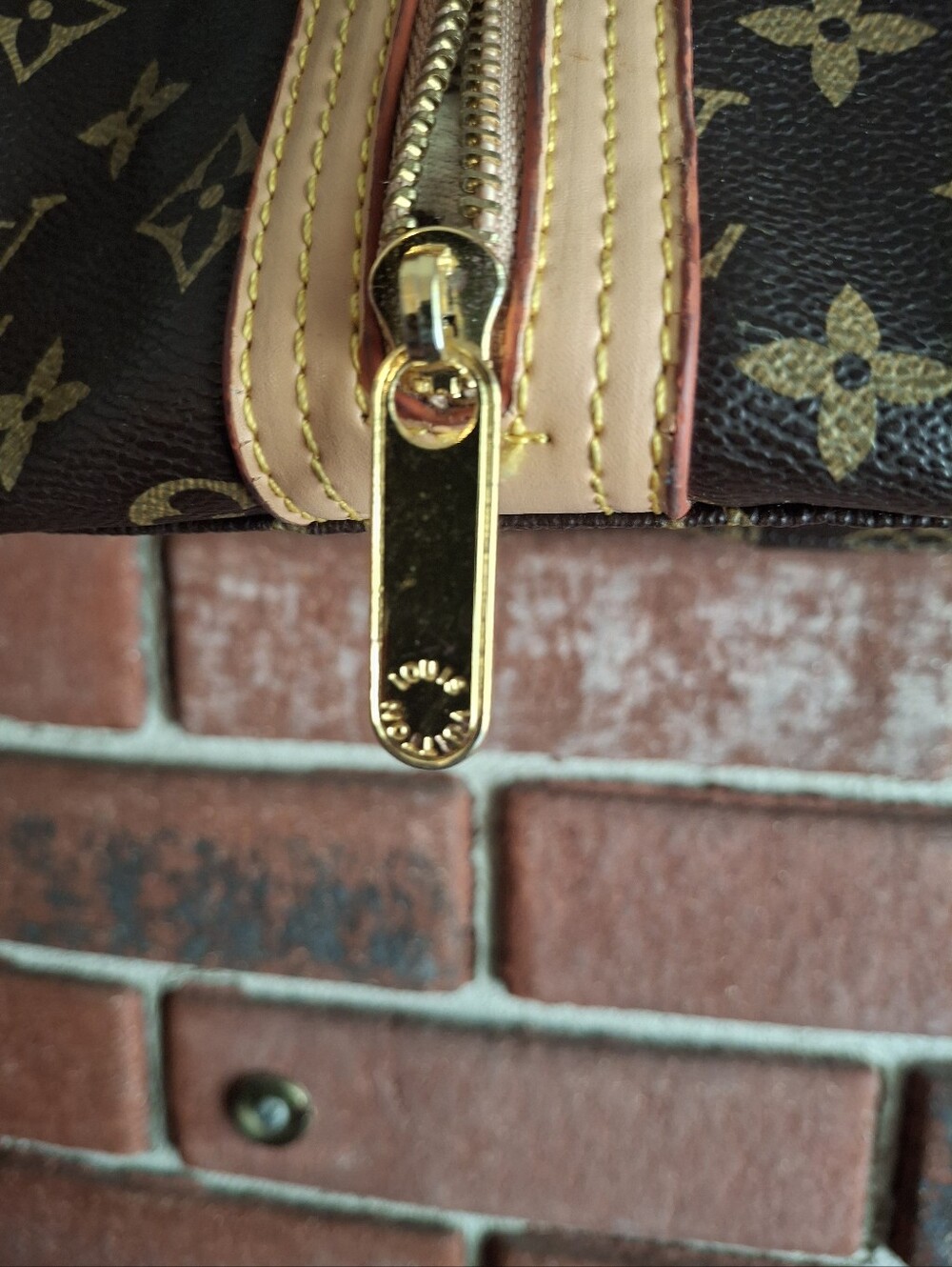 Designer Inspired Monogram Tote with Gold Plate and Tan Trim - Picture 4 of 8